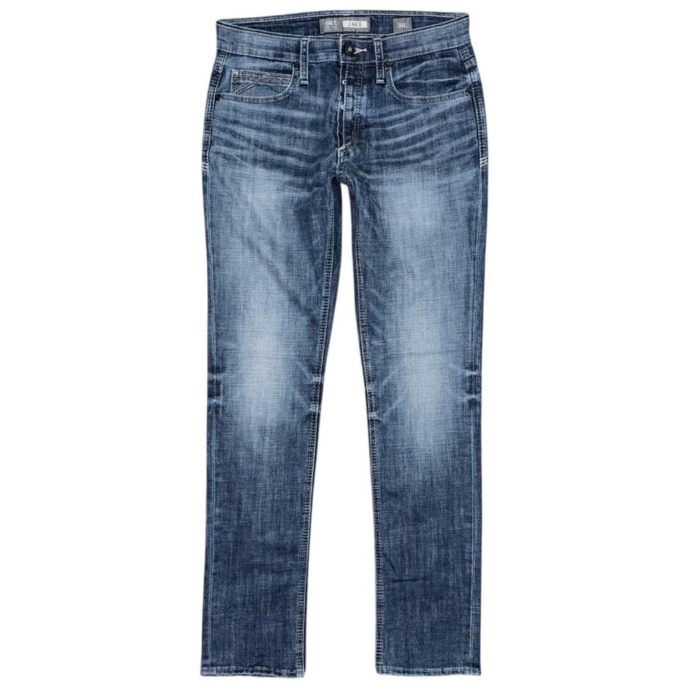 Buckle BKE Mens 31 LONG Jake Taper Leg Button Fly Blue Denim Jeans Whiskered EUC